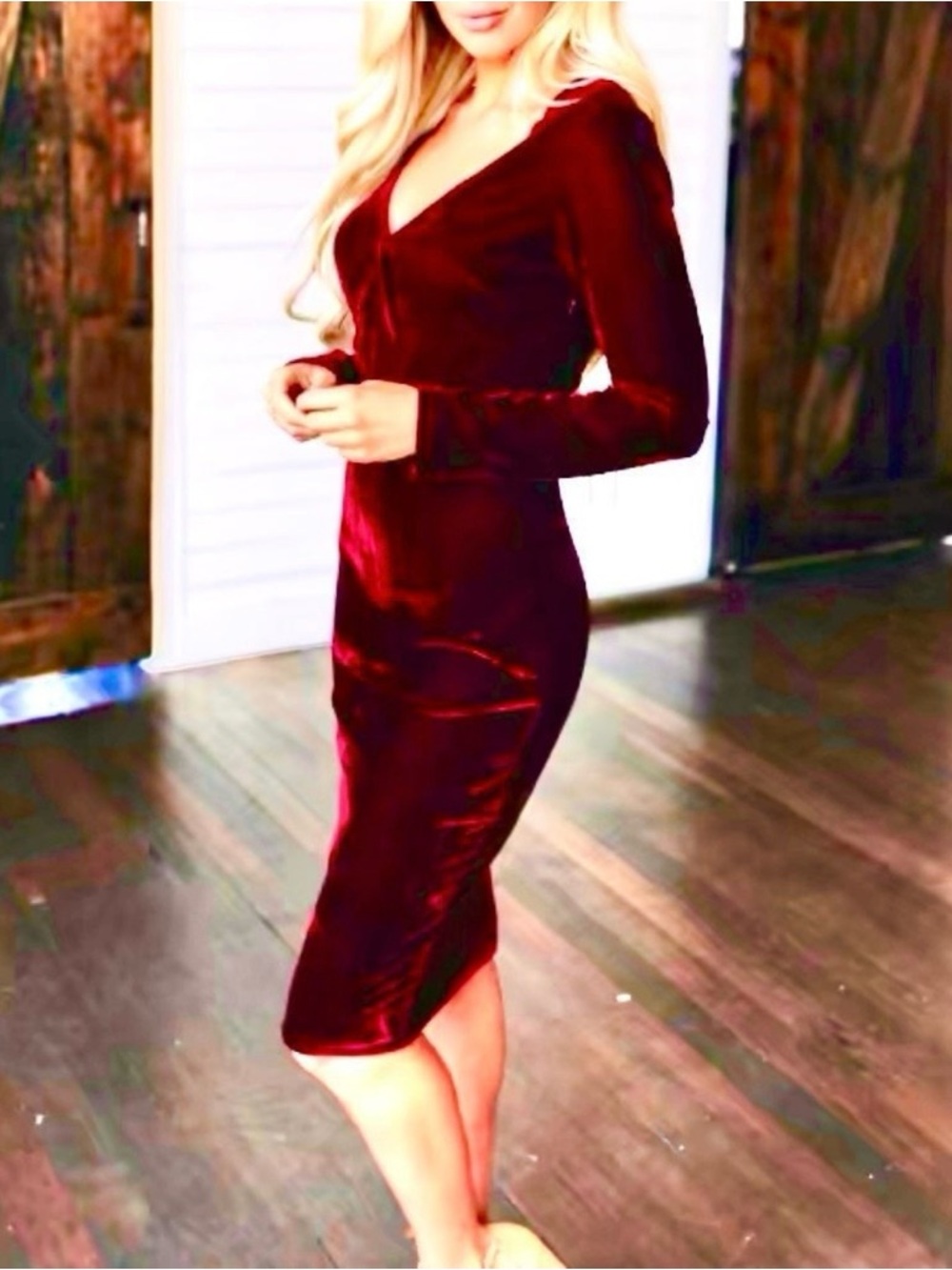 Red Velvet Long-Sleeve Midi Dress